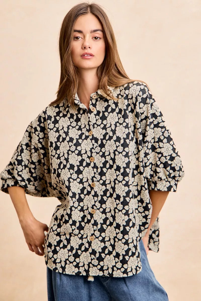 Floral Jacquard Short Dolman Sleeve Shirt -