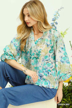 Watercolor Floral Flounce Sleeve Blouse -
