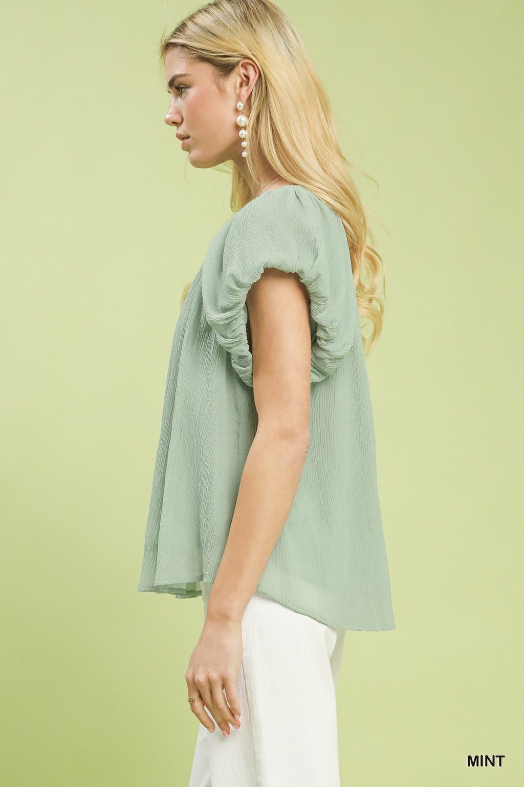 Mint Crinkle Flutter Sleeve Blouse -