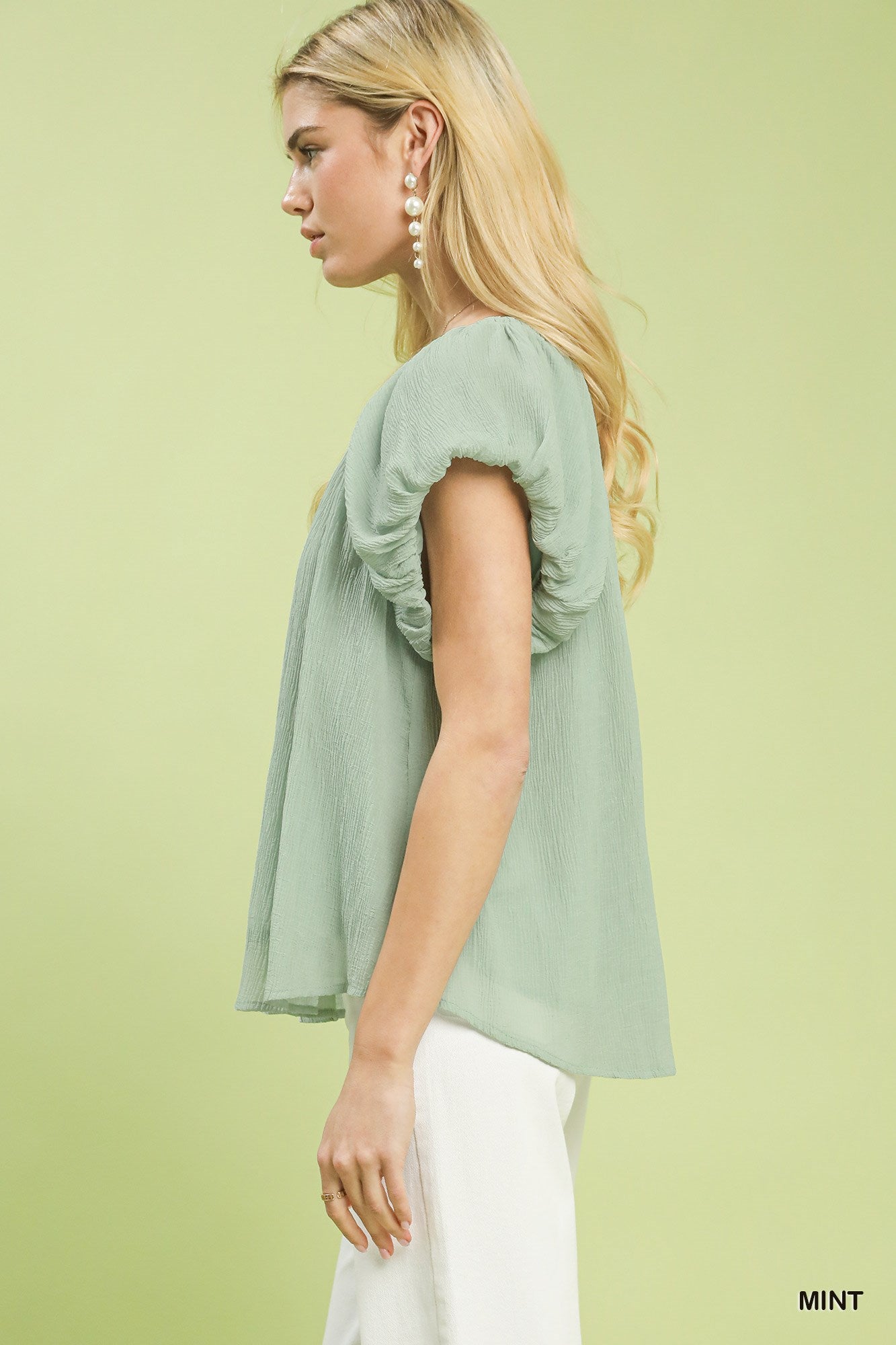 Mint Crinkle Flutter Sleeve Blouse -
