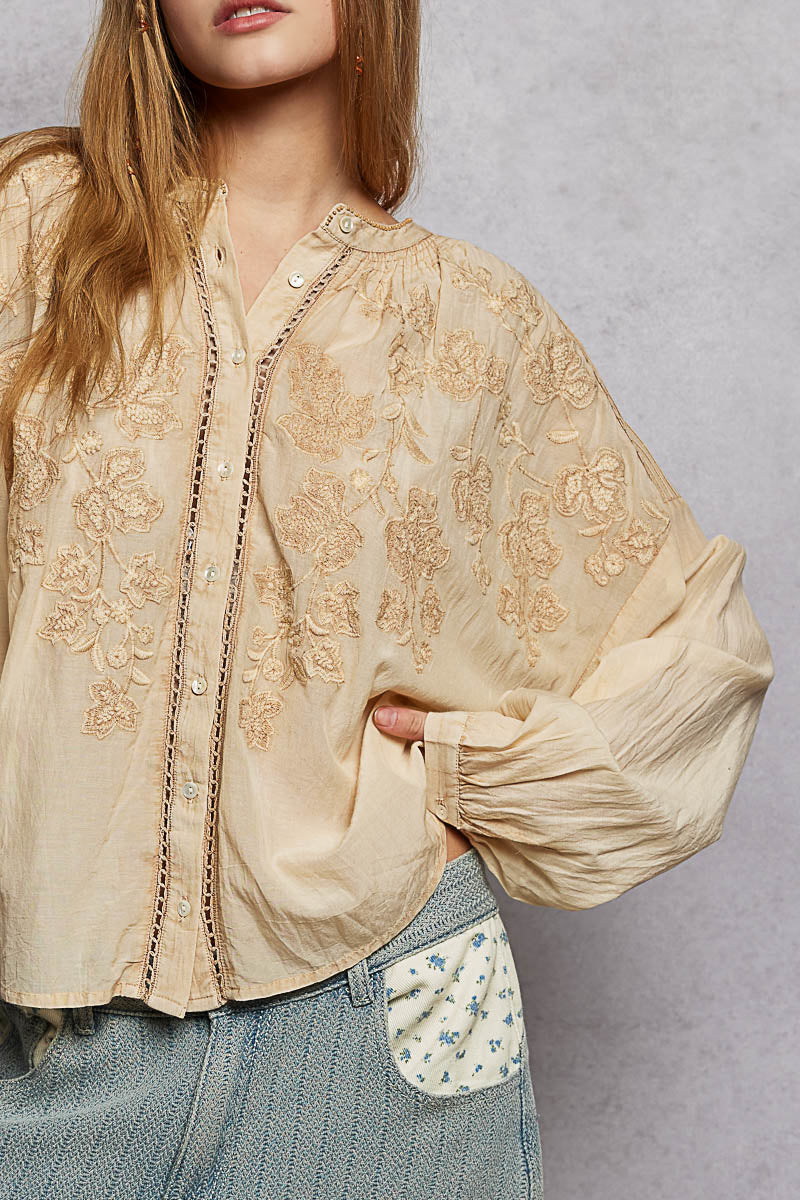 Embroidered Washed Button Down Shirt -