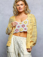 Floral Open Knit Button Cardigan - DANDELION