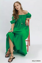 Textured Puff Sleeve Tiered Midi Dress -