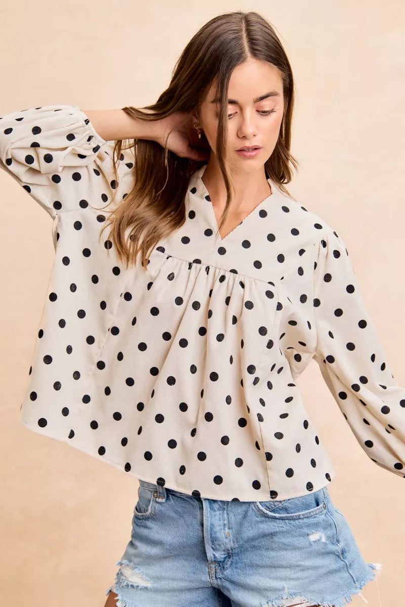 Polka Dot V Neck Blouse -
