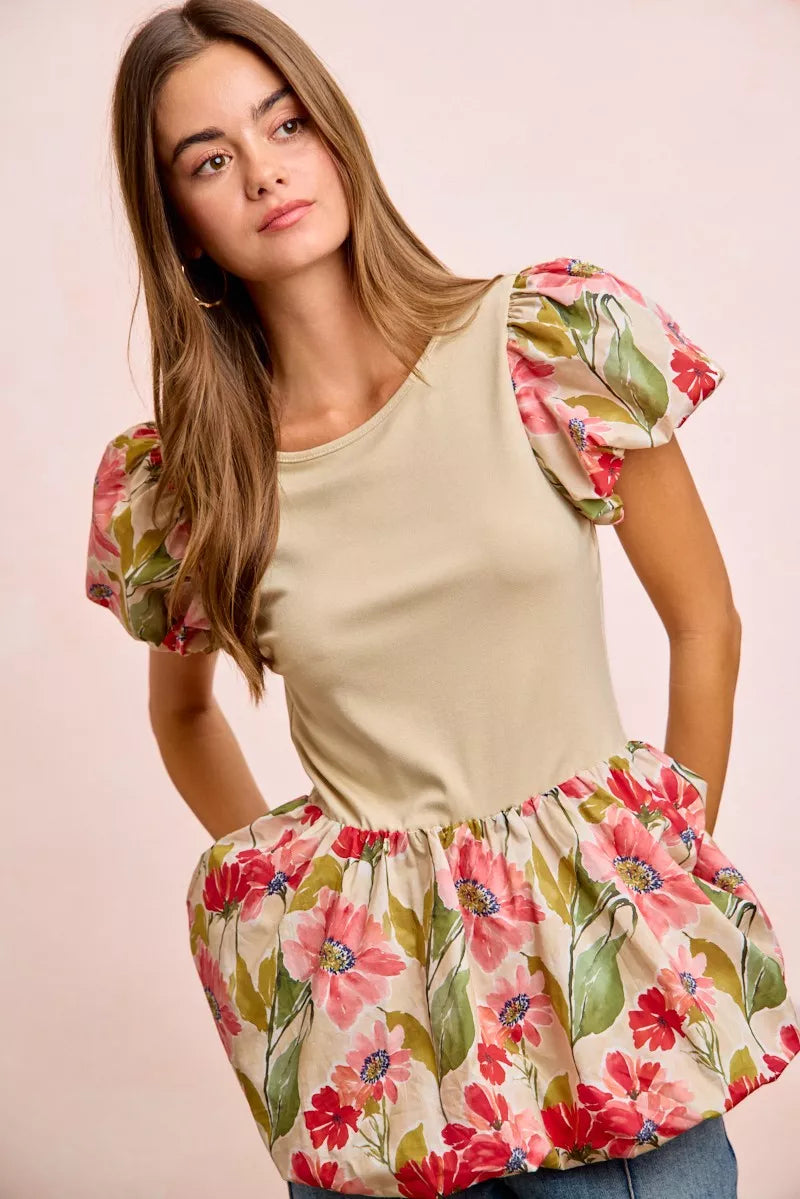 Floral Print Bubble Sleeve Peplum Top -
