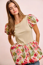 Floral Print Bubble Sleeve Peplum Top -