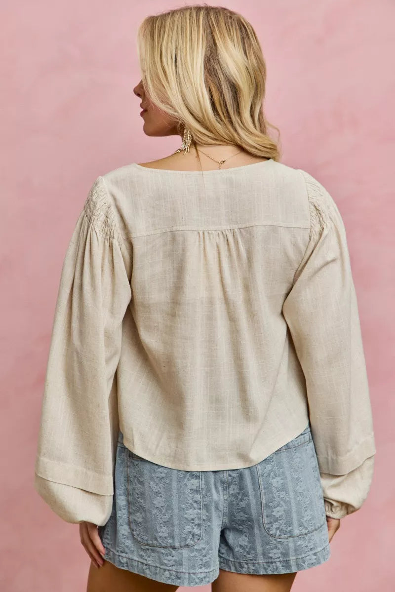 Linen Blend Smocked Sleeve Blouse -