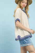Linen Button Front Contrast Piping Shirt -