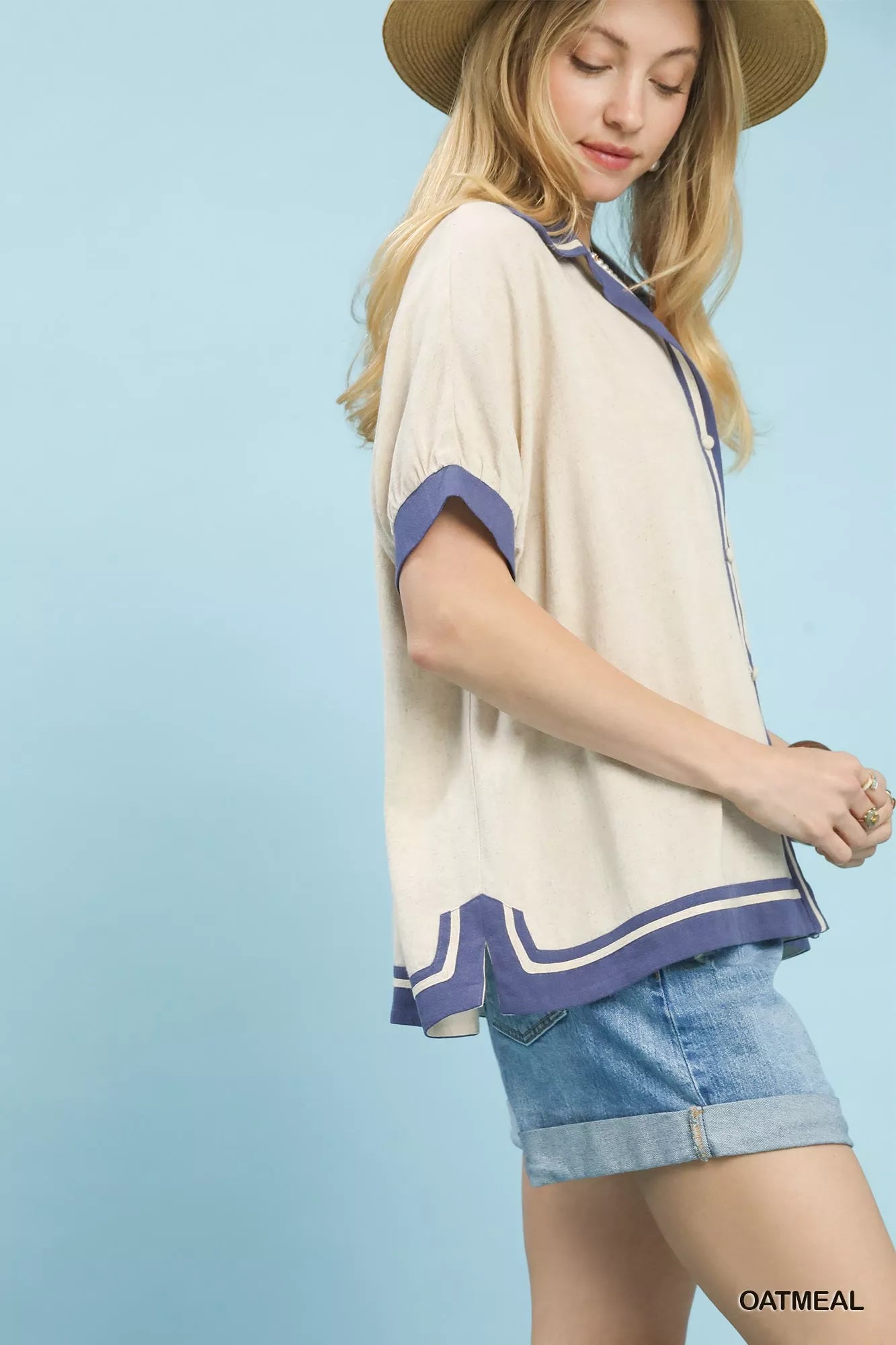 Linen Button Front Contrast Piping Shirt -