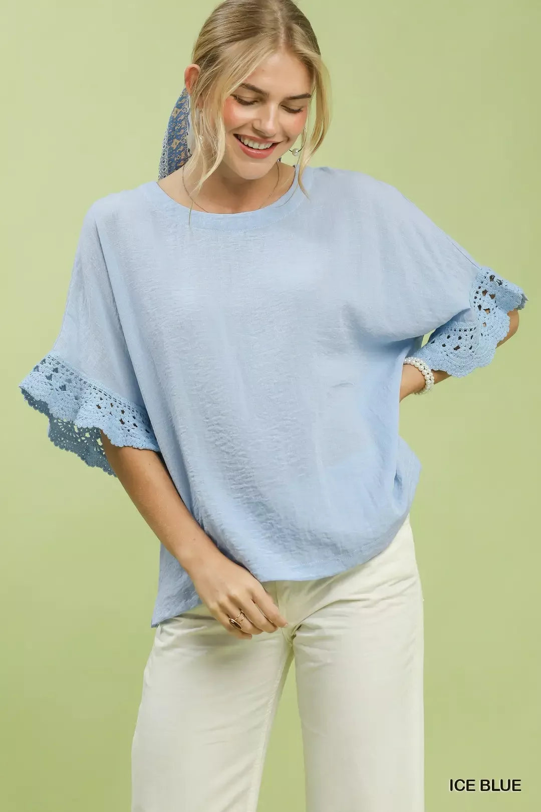 Crochet Trim Flutter Sleeve Top - ICE BLUE Main image