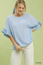 Crochet Trim Flutter Sleeve Top - ICE BLUE