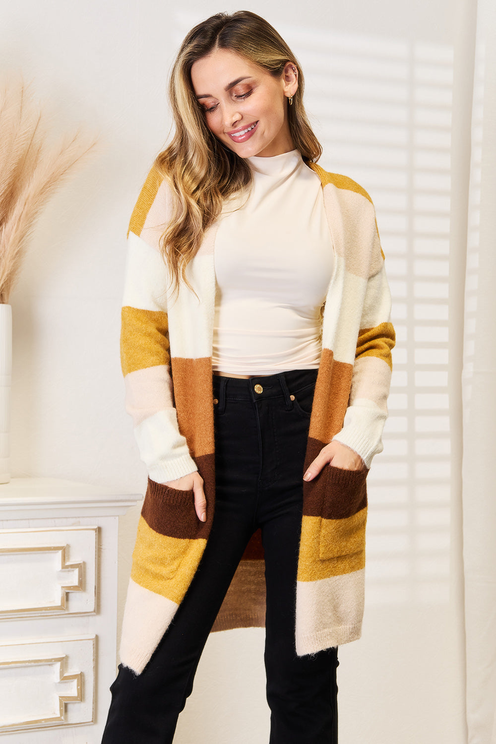 Neutral Color block Longline Sweater Cardigan - Brown Tan Stripe Main image