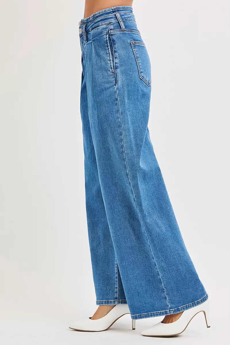 Mid Rise Pleated Wide Leg Jeans -