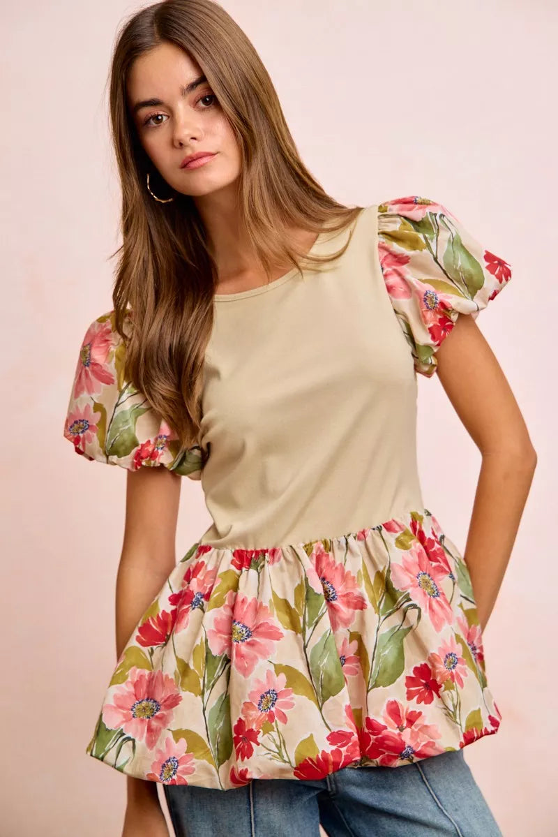 Floral Print Bubble Sleeve Peplum Top -