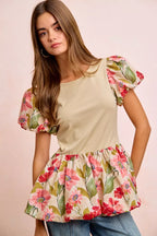 Floral Print Bubble Sleeve Peplum Top -
