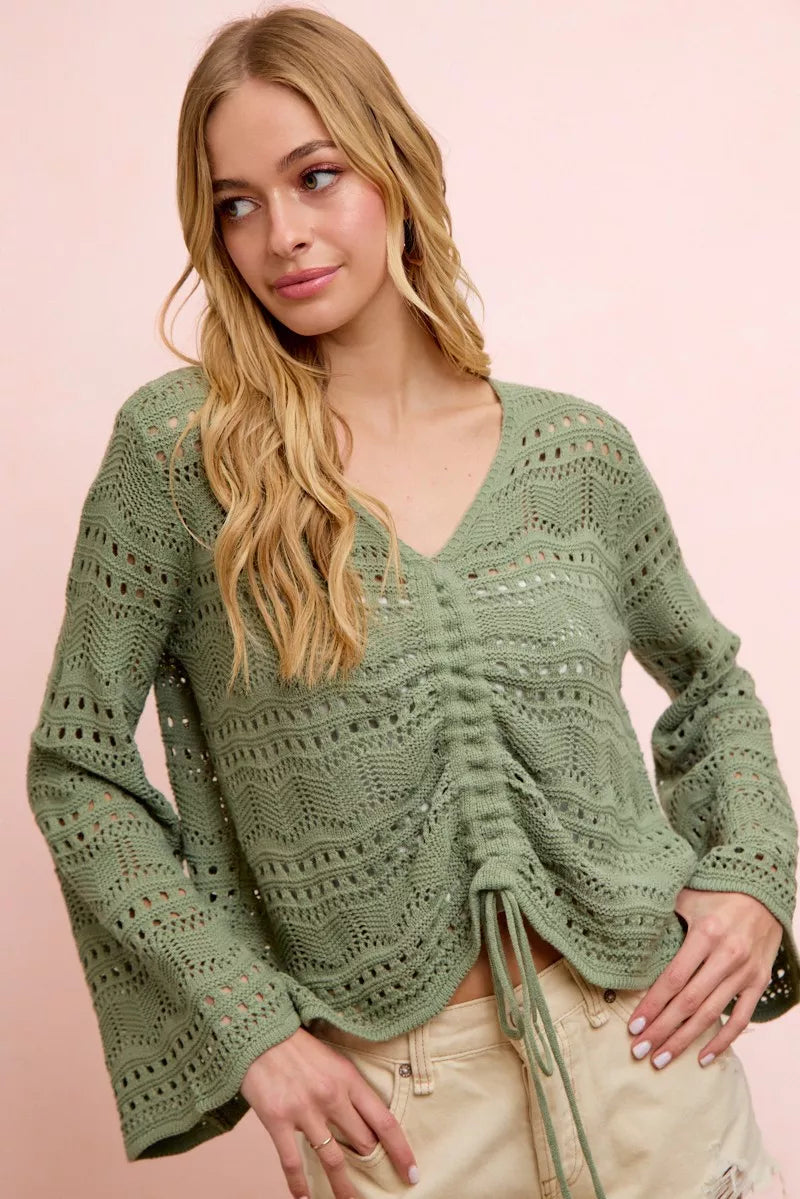 Pointelle Ruched V Neck Sweater -