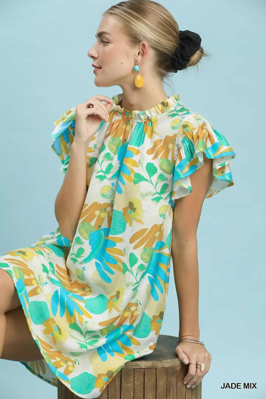 Botanical Ruffle Sleeve Mini Dress -