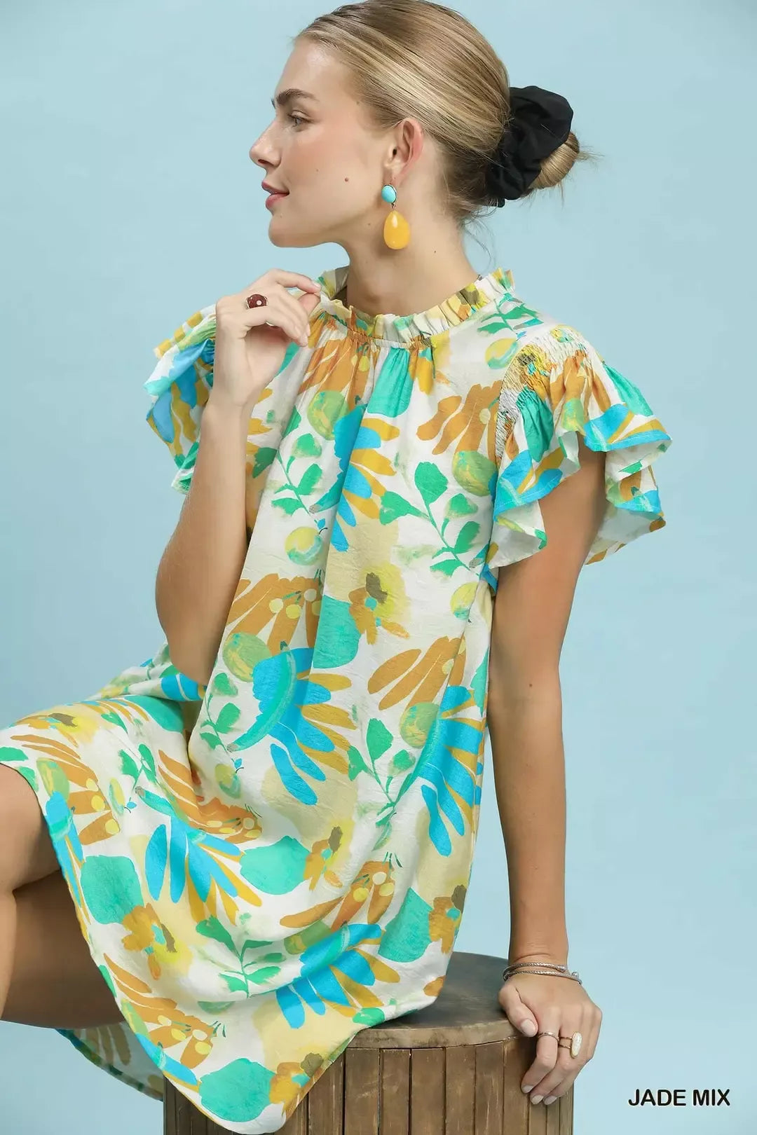 Botanical Ruffle Sleeve Mini Dress -
