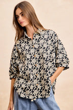 Floral Jacquard Short Dolman Sleeve Shirt -