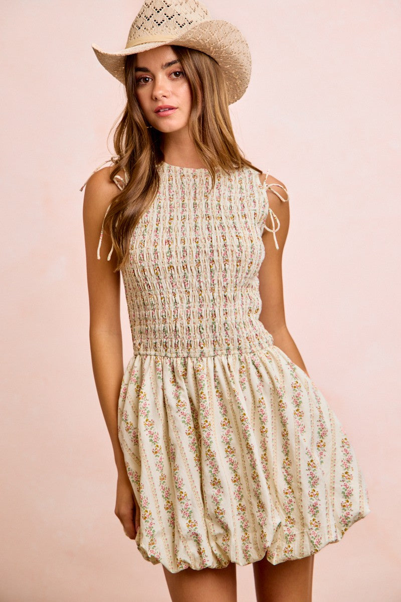Floral Bow Tie Puff Sleeve Dress -