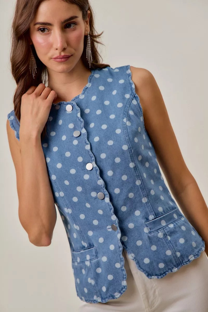 Polka Dot Scalloped Denim Vest -