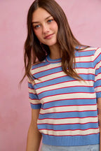 Striped Short Sleeve Knit Sweater -