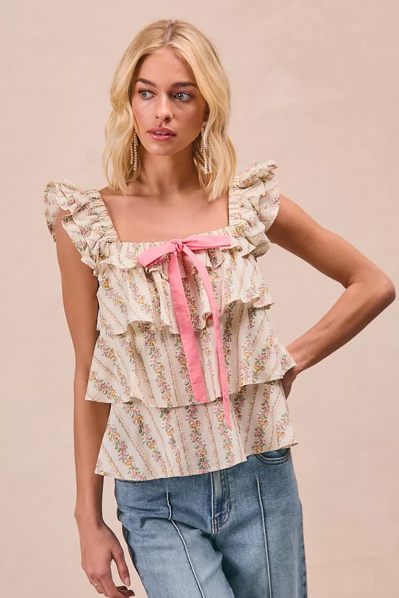 Floral Woven Bow Square Neck Top -