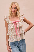 Floral Woven Bow Square Neck Top -