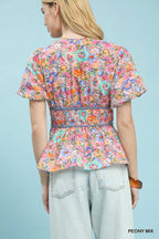 Floral Smocked Waist Peplum Blouse -