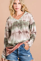 Brushed Tie Dye V Neck Top - OLIVE TAUPE RUST