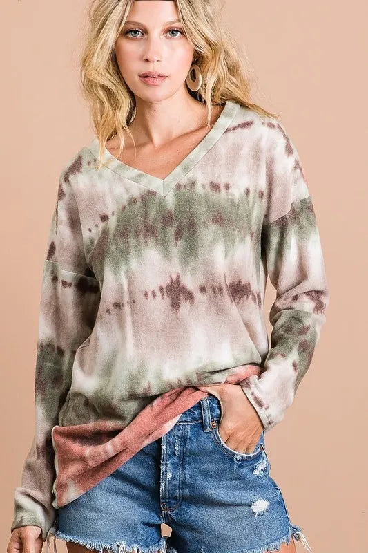 Brushed Tie Dye V Neck Top - OLIVE TAUPE RUST Main image