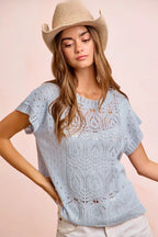 Pointelle Short Sleeve Knit Sweater -