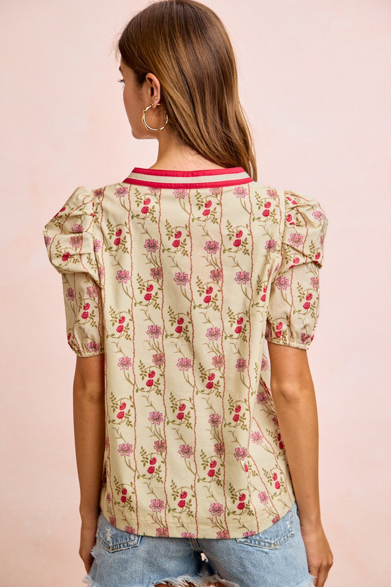 Floral Contrast Neck Puff Blouse -