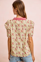 Floral Contrast Neck Puff Blouse -
