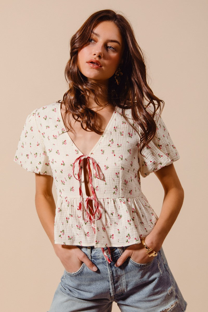Ditsy Tie-Front Gauze Blouse -