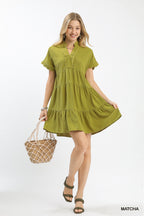 Scallop Trim Linen Mini Dress - MATCHA
