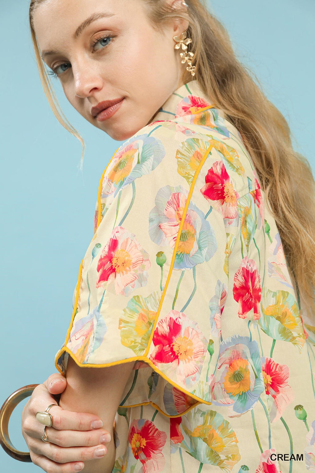 Floral Flutter Sleeve Button Down Blouse -