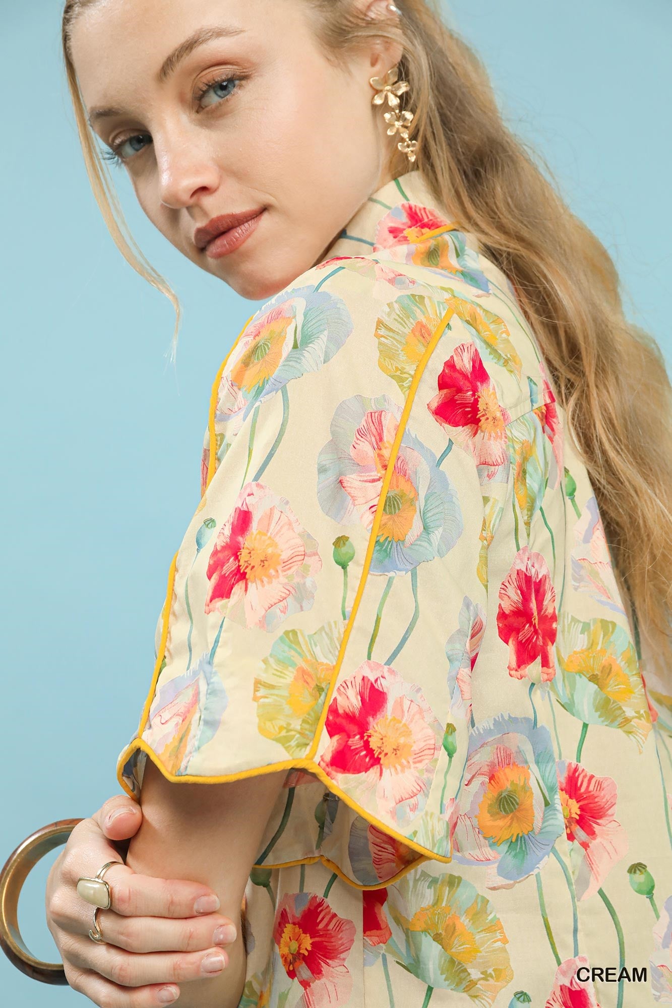 Floral Flutter Sleeve Button Down Blouse -