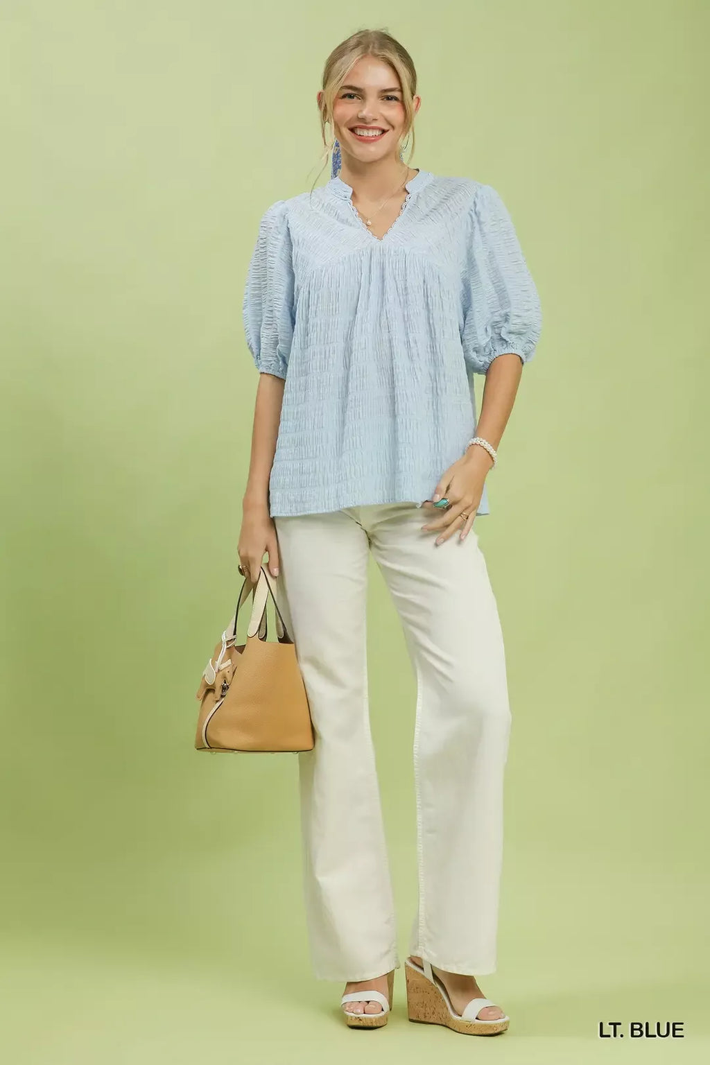 Textured Puff Sleeve Babydoll Blouse -