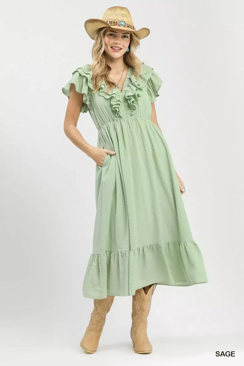 Textured Ruffle Sleeve Midi Dress - SAGE