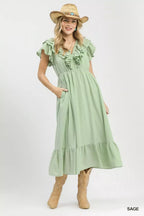 Textured Ruffle Sleeve Midi Dress - SAGE
