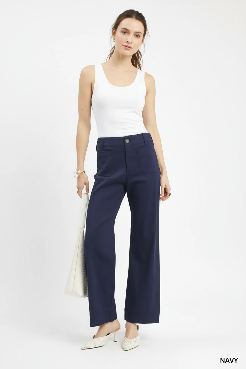 Button Detail Stretchy Straight Leg Pants - NAVY