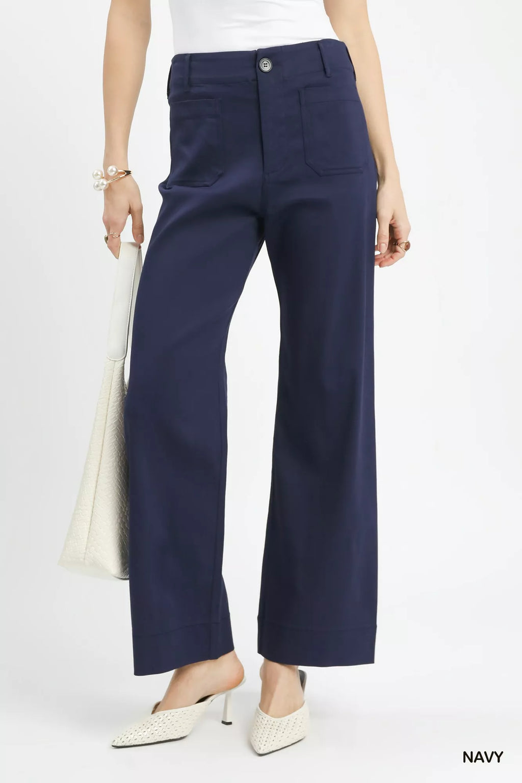 Button Detail Stretchy Straight Leg Pants -