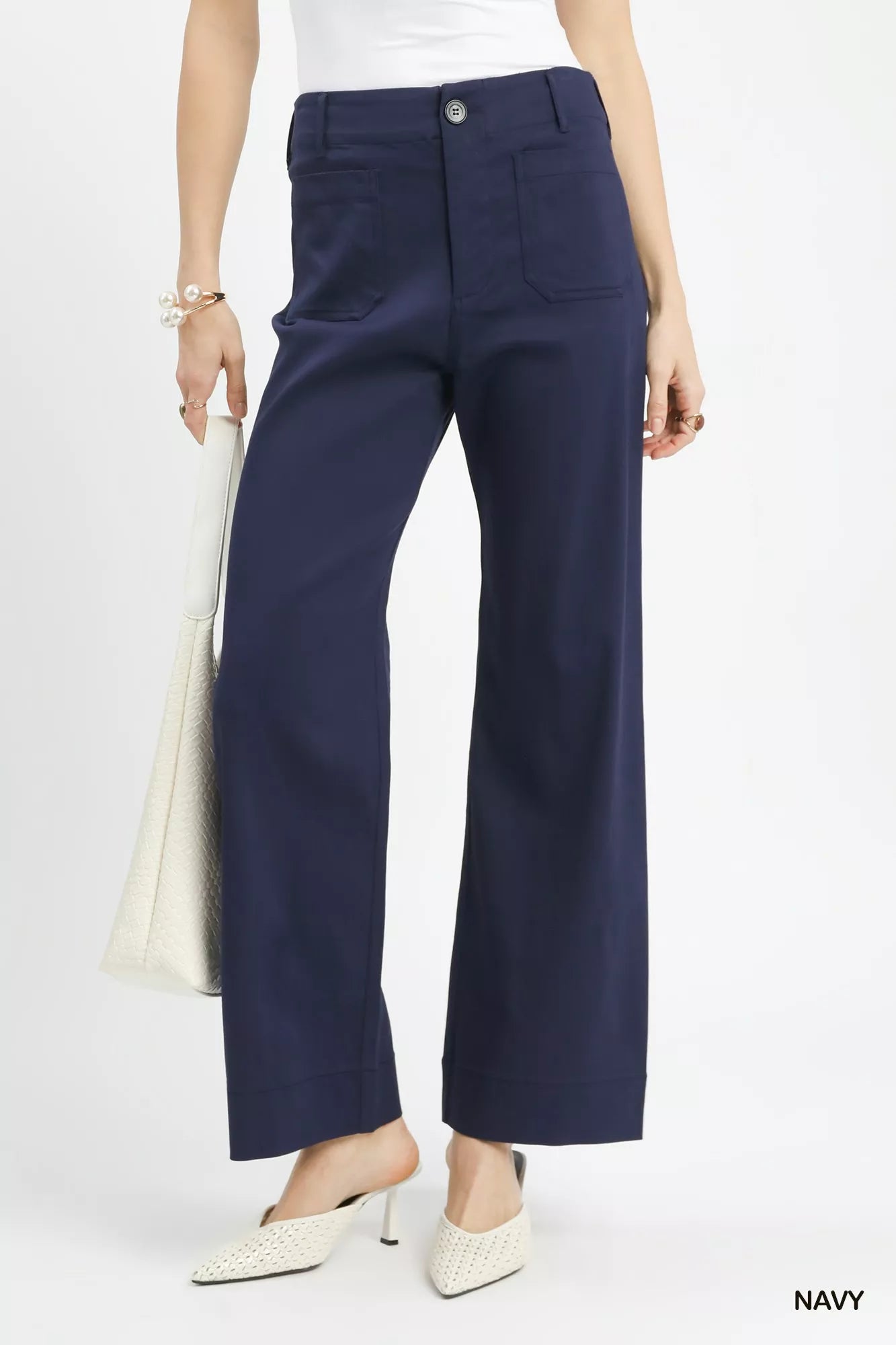 Button Detail Stretchy Straight Leg Pants -