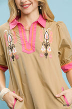 Embroidered Contrast Trim Tunic Dress -