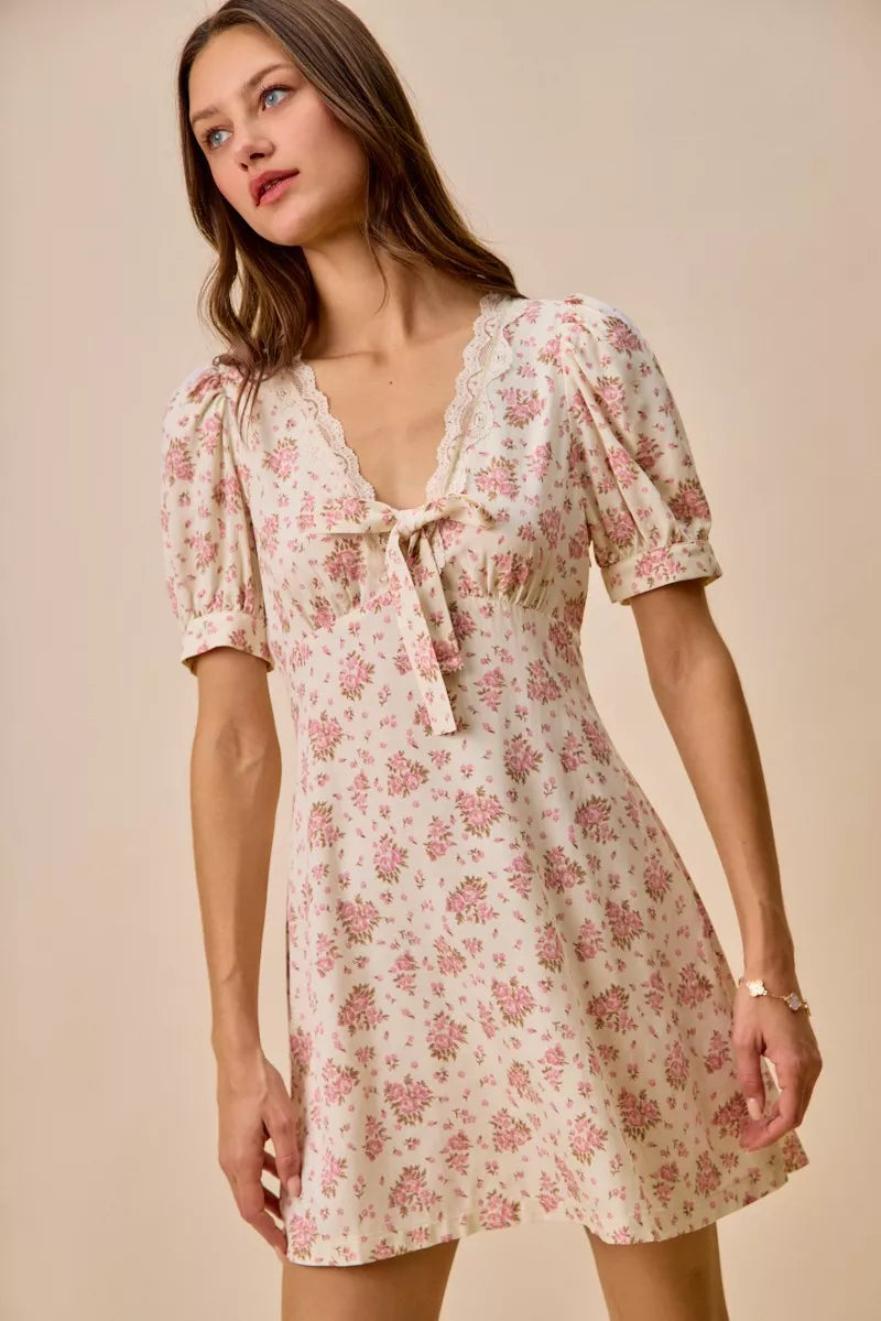 Cream Floral Lace Trim Mini Dress -