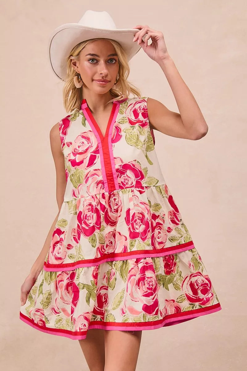 Floral Contrast Tiered Ruffle Mini Dress -