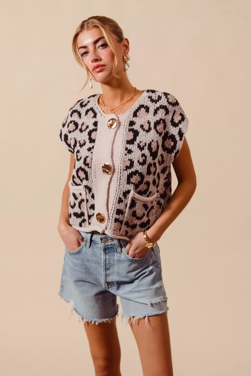 Leopard Metal Button Sweater Vest -