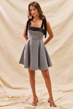 Houndstooth Fit Flare Shoulder Tie Dress - BLACK