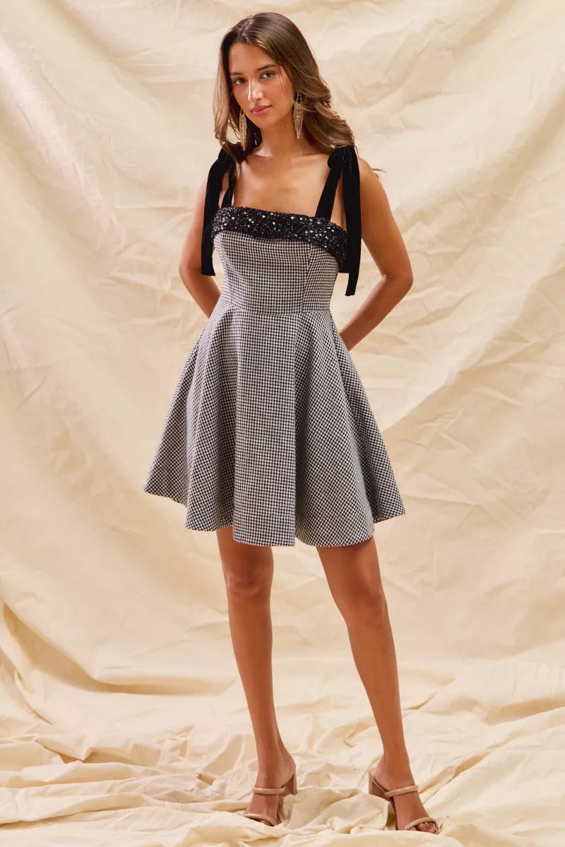 Houndstooth Fit Flare Shoulder Tie Dress - BLACK Main image